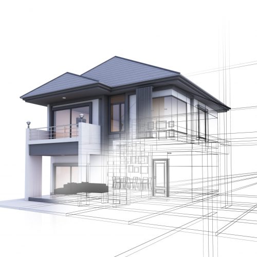 Drawing lines of a 3D render house on a white background for bui