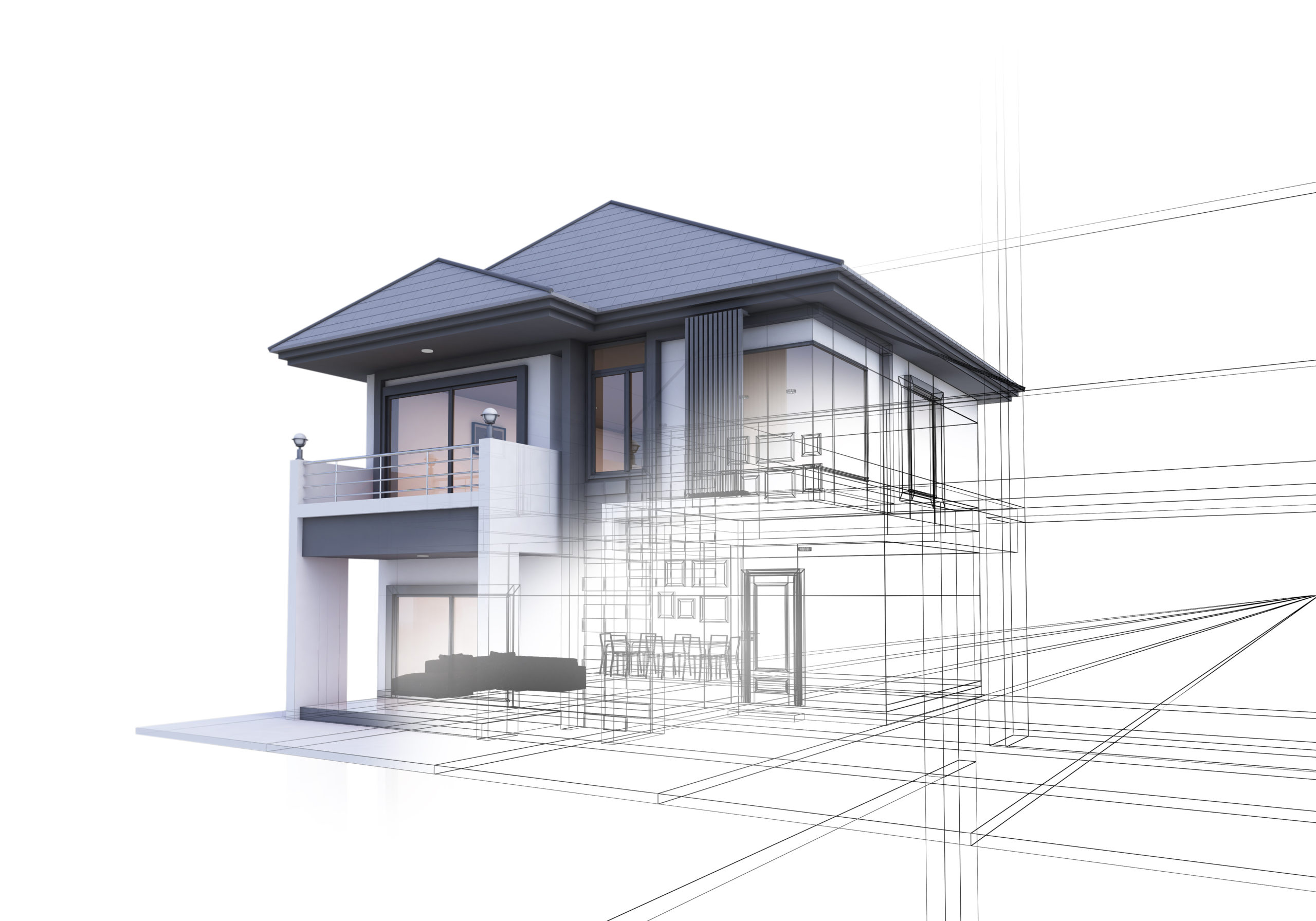 Drawing lines of a 3D render house on a white background for bui